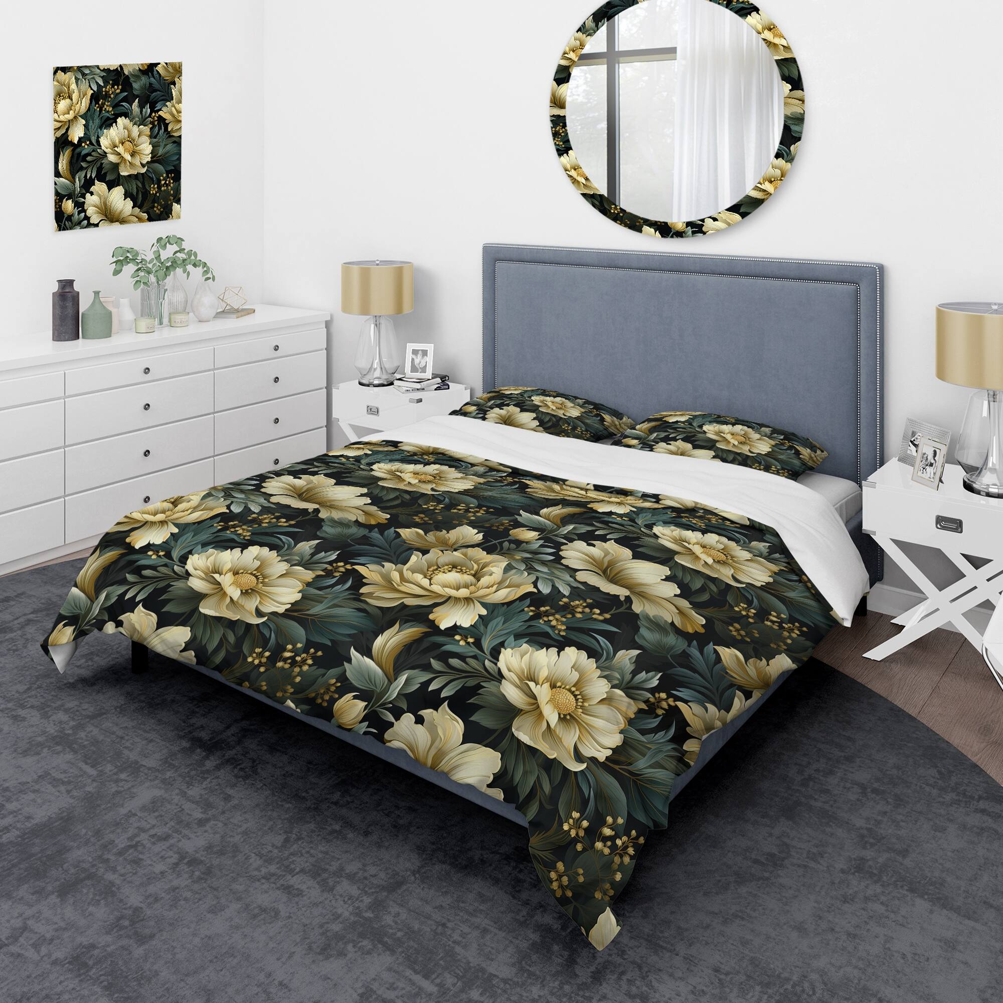 Designart "Green Damask Marigold Oasis I" Damask bed cover set with 2 shams On Sale Bed Bath